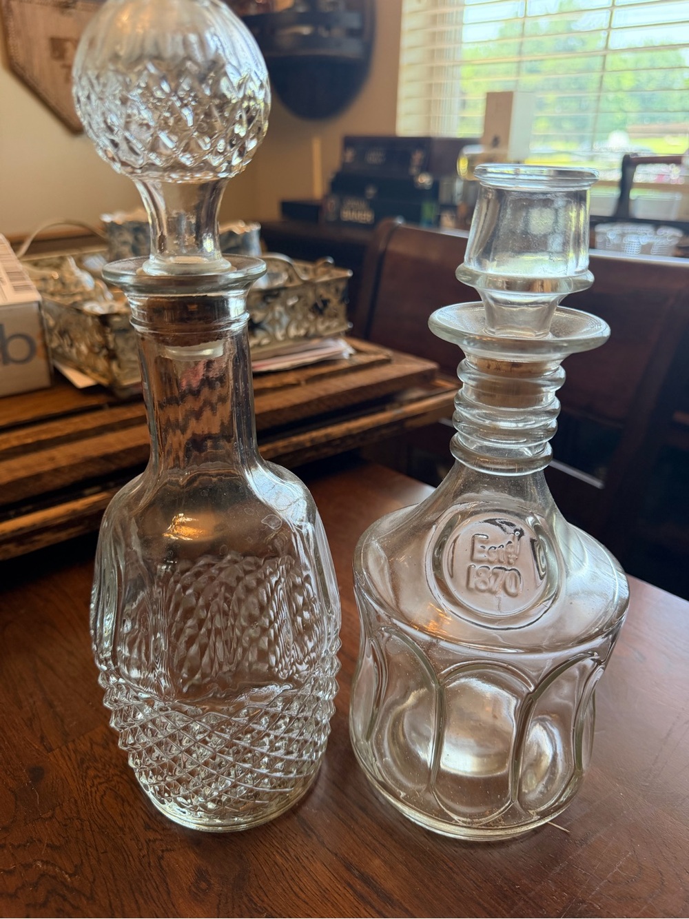 Set of 2 vintage Clear Glass Decanter Pair with Stoppers - Embossed 'Est. 1870'